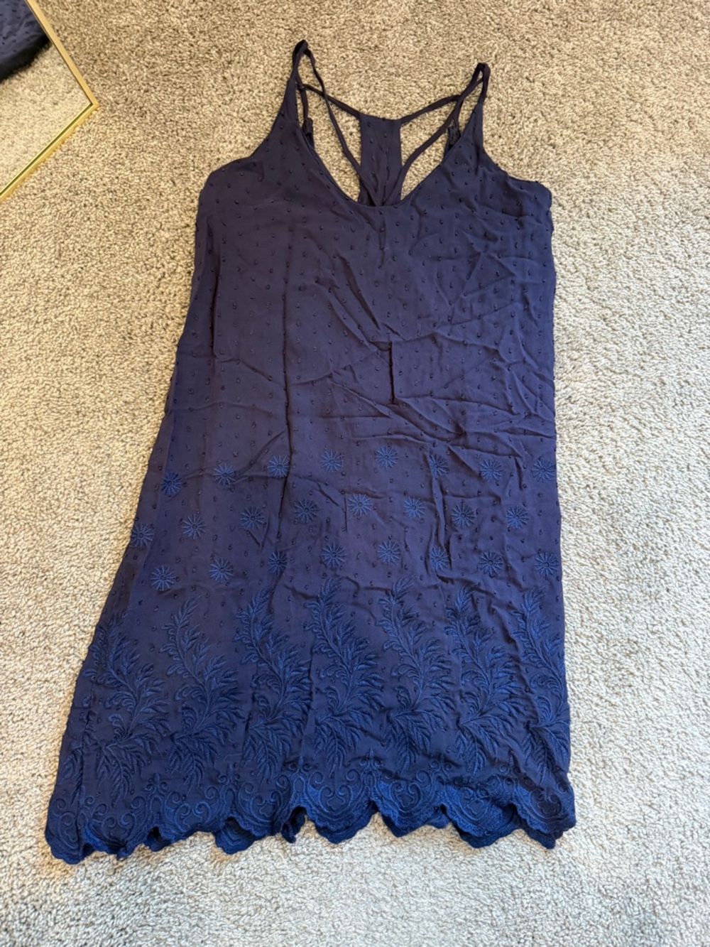 Navy Embroidered Sleeveless Slip Dress
